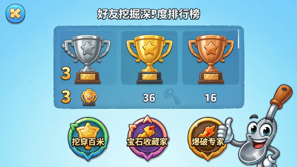 开局一勺子游戏排行榜与成就界面图,画面中央显示好友挖掘深度排行榜,前三名有金银铜奖杯图标,下方列出成就徽章如