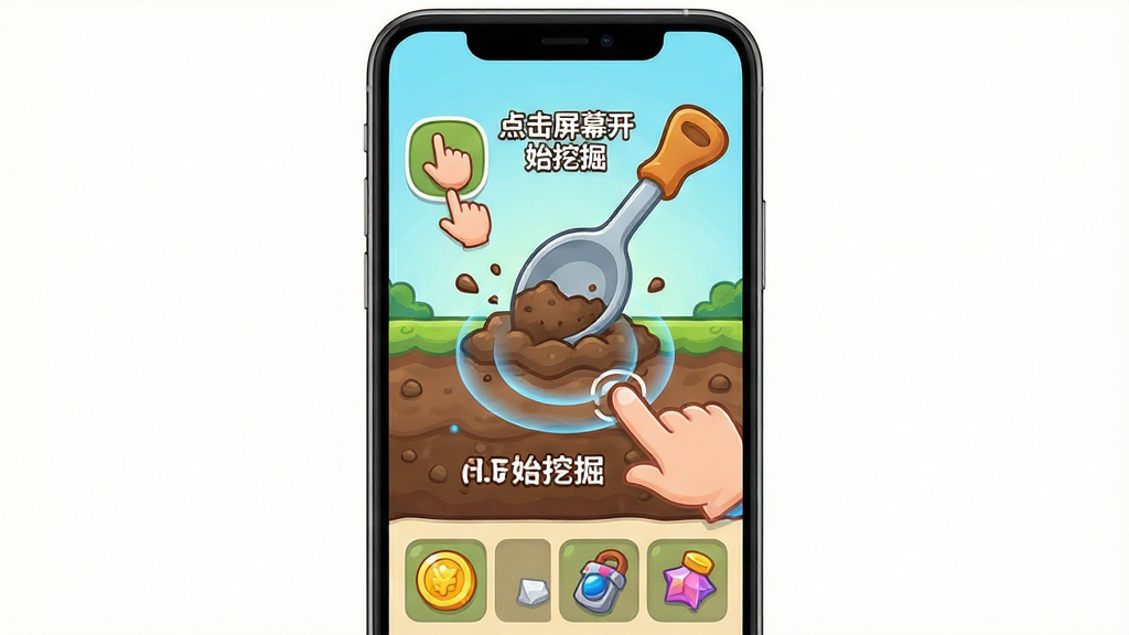 开局一勺子游戏新手引导界面截图风格插画,画面展示手机屏幕中勺子角色正在挖掘第一层泥土,旁边有手势点击图标和文字提示