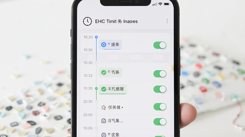 EHC定时任务设置界面,主体为手机屏幕显示时间轴与任务列表,布局为纵向时间线,排版规整,风格为浅色主题,细节包括时钟图标、任务标签、提醒开关,画质清晰,干净,无多余元素