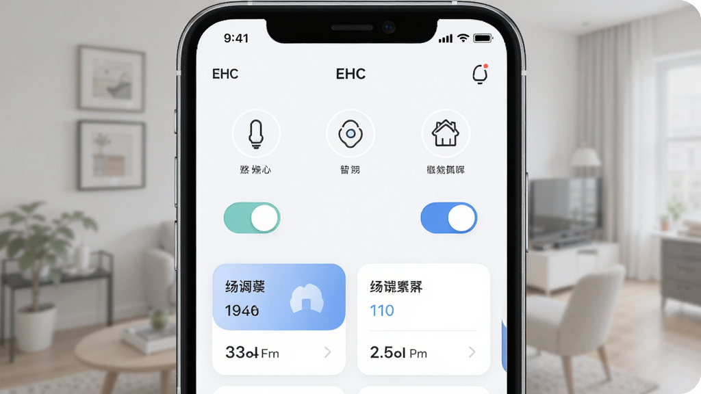 一张展示EHC应用界面的预览图,主体为手机屏幕显示智能家居控制面板,布局为居中放置,排版简洁,风格为现代科技感,细节包括设备图标、开关按钮、场景卡片,画质清晰,干净,无多余元素