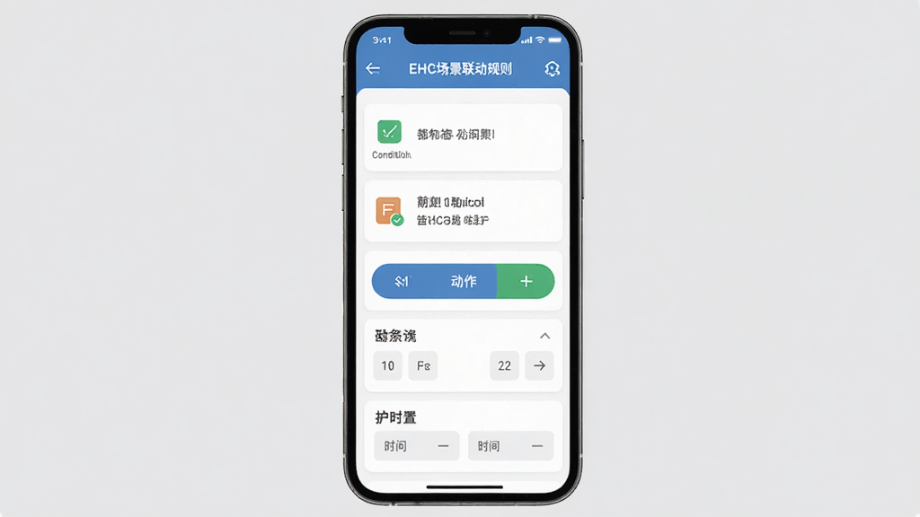 EHC场景联动设置界面,主体为手机屏幕显示自动化规则列表,布局为纵向排列,排版清晰,风格为扁平化设计,细节包括条件图标、动作按钮、时间设置,画质清晰,干净,无多余元素