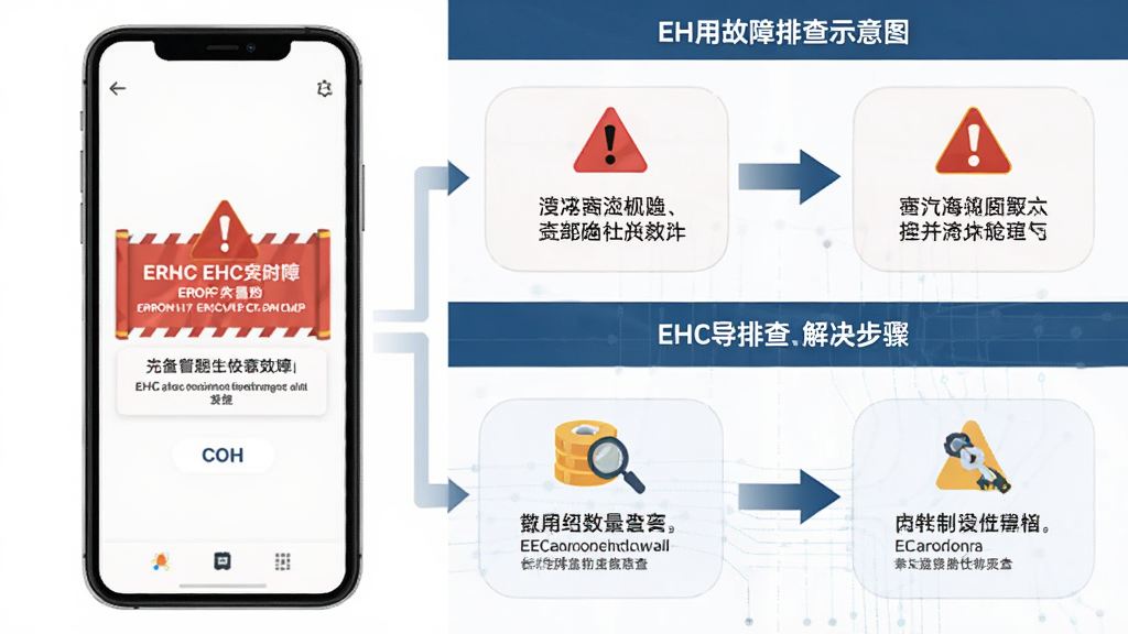 EHC应用故障排查示意图,主体为手机屏幕显示错误提示与解决步骤,布局为上下分栏,排版清晰,风格为信息图表,细节包括警告图标、文字说明、箭头指引,画质清晰,干净,无多余元素