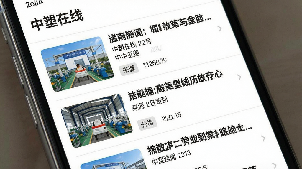 手机界面展示塑料行业资讯文章列表,应用名称为“中塑在线”,画面主体是新闻标题与缩略图,布局为图文混排列表,排版规范,风格为新闻资讯类,细节包括日期、来源、分类标签,画质清晰,干净,无多余元素