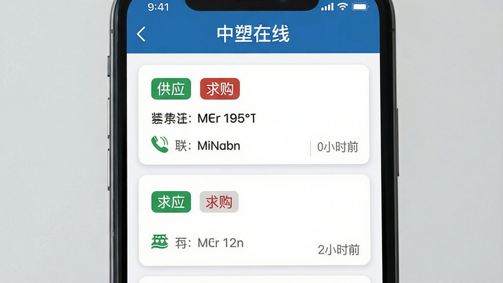 手机屏幕展示供需信息列表,应用名称为“中塑在线”,画面主体是求购与供应信息卡片,布局为双栏或单栏列表,排版清晰,风格为简洁信息流,细节包括“供应”“求购”标签、联系方式图标、时间显示,画质高清,干净,无多余元素