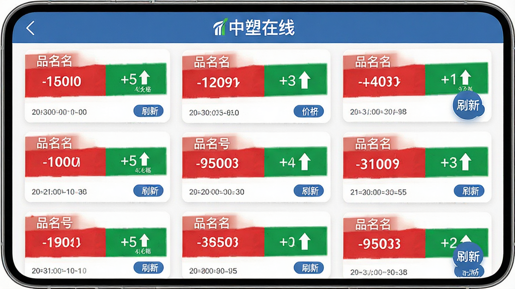手机应用界面展示塑料原料价格列表,标题为“中塑在线”,画面主体是多个塑料牌号的价格卡片,每张卡片包含品名、价格、涨跌幅箭头,布局为纵向列表,排版整齐,风格为扁平化商务风,细节包括红绿涨跌色块、时间戳、刷新按钮,画质清晰,干净,无多余元素