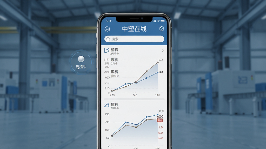 手机屏幕中展示塑料颗粒原料与价格曲线图,画面中央是“中塑在线”应用界面,界面包含行情列表和走势图,背景是简洁的工业蓝灰色调,布局为居中手机展示,排版清晰,风格为现代商务科技风,细节包括塑料粒子图标、数据图表、搜索框,画质高清,干净,无多余元素