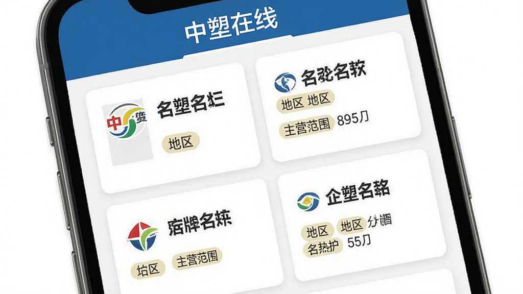 手机屏幕展示企业黄页列表,应用名称为“中塑在线”,画面主体是企业名称与主营产品信息,布局为卡片式列表,排版整齐,风格为商务简约风,细节包括企业Logo占位、地区标签、主营范围,画质高清,干净,无多余元素