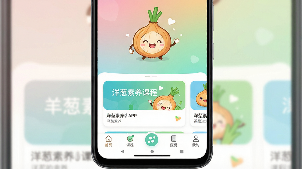 一张展示洋葱素养软件界面的预览图,主体为一部安卓手机屏幕,屏幕上显示洋葱素养APP的主页界面,包含卡通洋葱吉祥物、课程卡片和底部导航栏,布局居中,排版简洁,风格为清新教育类UI设计,细节包括圆角图标、柔和渐变背景和清晰文字标识