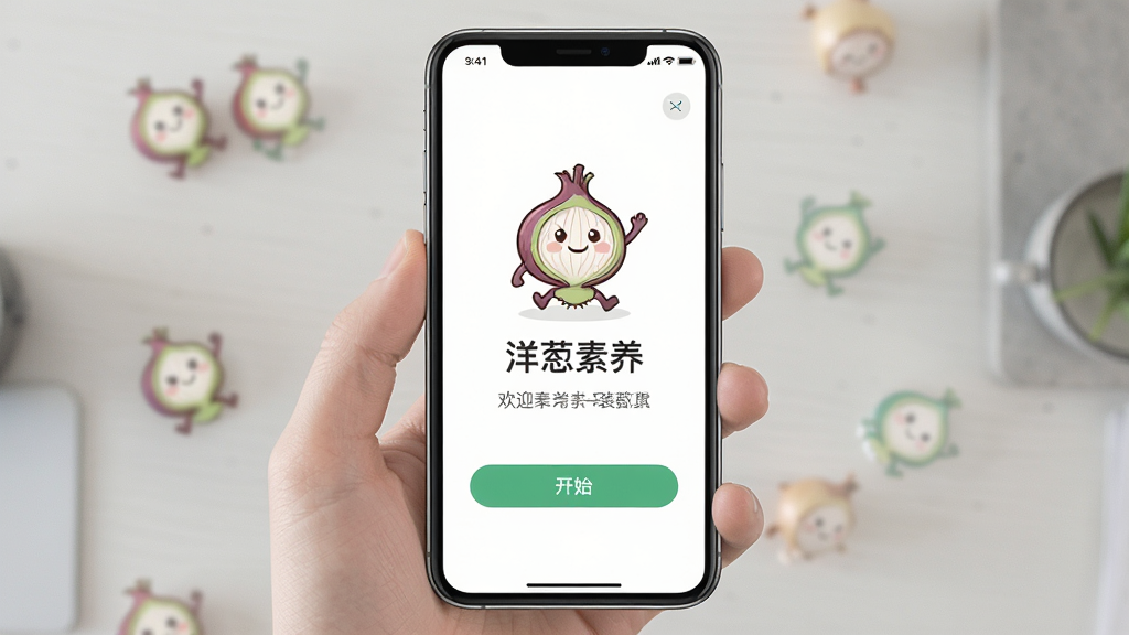 一张展示洋葱素养在手机上安装完成的界面图,主体为手机屏幕,屏幕上显示洋葱素养的启动页和欢迎界面,布局居中,排版简洁,风格为清新友好的教育类APP风格,细节包括洋葱吉祥物、欢迎文字和开始按钮,画质高清干净无多余元素