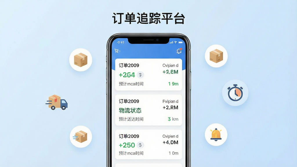 一张展示订单追踪平台核心功能的整体预览图,画面中央是一部智能手机,手机屏幕上显示订单追踪平台的主界面,界面中包含多个订单卡片,每个卡片上有订单编号、物流状态、预计送达时间等信息,背景是简洁的浅蓝色渐变,周围漂浮着几个小图标代表快递、包裹、时间提醒,整体风格清新简洁,排版整齐,画质清晰,干净无多余元素,图片中文字内容为“订单追踪平台”