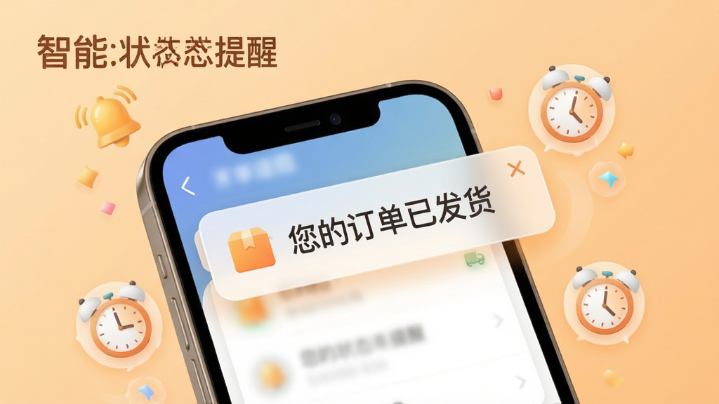 订单追踪平台智能状态提醒功能展示图,画面中一部手机屏幕弹出通知提醒气泡,气泡内显示“您的订单已发货”字样,手机周围有铃铛和时钟的小图标点缀,背景为浅橙色渐变,风格温馨,细节丰富,画质干净,图片中文字为“智能状态提醒”