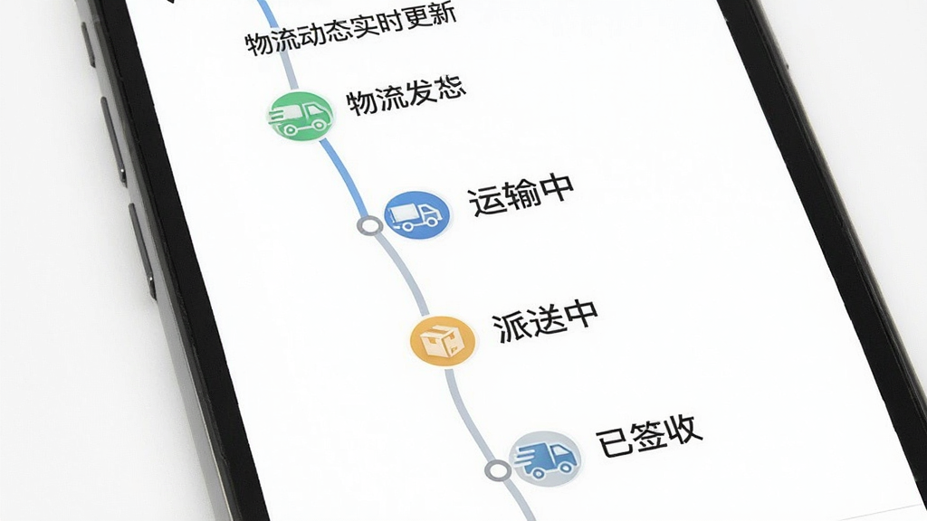 订单追踪平台物流动态实时更新功能示意图,画面中一部手机展示物流轨迹时间轴,时间轴上标注了已发货、运输中、派送中、已签收等节点,每个节点配有对应的小图标,背景为白色,风格清爽,排版纵向整齐,画质清晰,干净无多余元素,图片中文字为“物流动态实时更新”