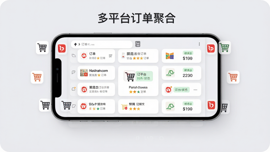 订单追踪平台多平台订单聚合功能展示图,画面中一部手机横向放置,屏幕内呈现多个购物平台的图标围绕着一个中心订单列表,订单列表以卡片形式排列,每张卡片显示不同平台的订单状态标签,背景为柔和的浅灰色,风格现代简约,细节清晰,画质干净,图片中文字为“多平台订单聚合”