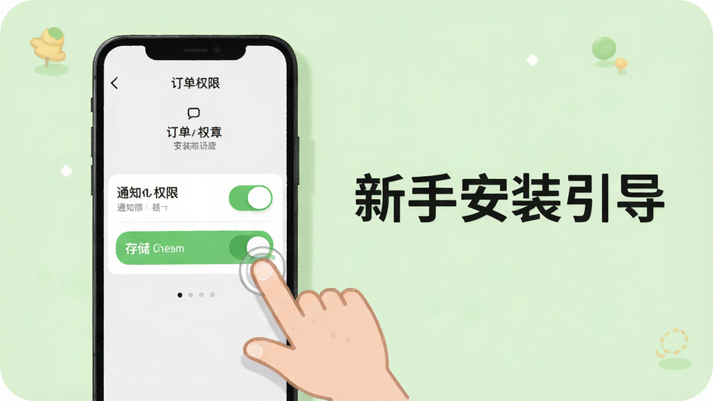 订单追踪平台新手安装与设置引导图,画面中一部手机展示安装权限设置界面,界面中有通知权限、存储权限的开关按钮,旁边有手指点击的示意,背景为浅绿色,风格友好亲切,排版清晰,画质干净,图片中文字为“新手安装引导”