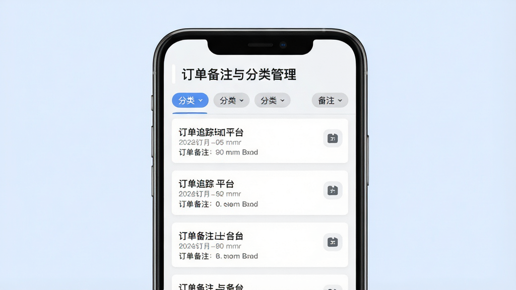 订单追踪平台订单备注与分类管理界面图,画面中一部手机展示订单列表,列表上方有分类筛选标签,每个订单卡片右侧有备注小图标,背景为淡蓝色,风格简洁商务,排版规整,画质清晰,干净无多余元素,图片中文字为“订单备注与分类管理”