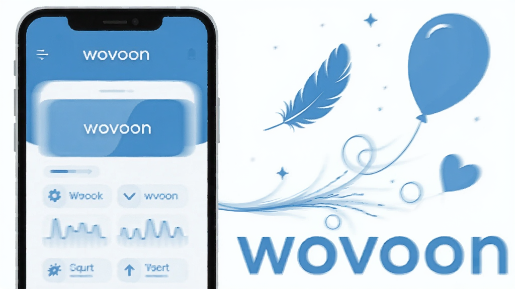 一张表现wovoon轻量化运行概念的插画,画面左侧是一部手机,屏幕中显示wovoon界面,右侧用简洁的图形化方式表现“轻量”概念,例如羽毛、气球或轻盈的线条,整体色调以蓝白为主,风格扁平化,画面干净整洁,突出软件名称“wovoon”,无杂乱背景元素。