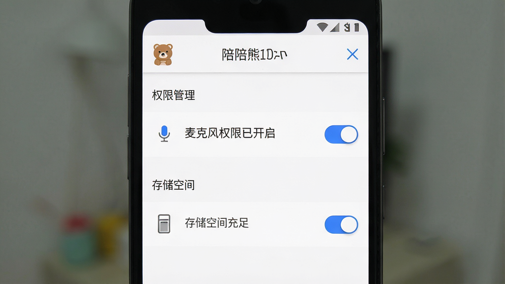 一张“陪陪熊”App在安卓手机上的设置页面截图风格图,画面展示“权限管理”和“存储空间”两个设置项,界面以白色为底,蓝色开关按钮清晰可见,文字标注“麦克风权限已开启”“存储空间充足”。整体布局为纵向列表,风格干净简洁,细节上图标和文字清晰,画质高清,适合教程配图使用。