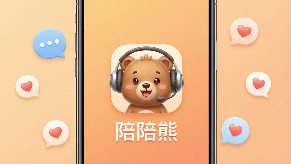 一张手机屏幕正面展示图,画面中央是“陪陪熊”App的启动界面,背景为柔和的暖橙色渐变,界面中央放置一只可爱的卡通小熊头像图标,小熊戴着耳机面带微笑,图标下方有“陪陪熊”三个中文字。手机周围散落着几个圆形聊天气泡和爱心小图标。整体布局为居中对称构图,风格清新可爱,细节上小熊的毛发、耳机质感清晰,画面干净无多余元素,高清画质,适合软件下载站展示使用。