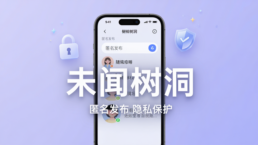 未闻树洞匿名倾诉功能展示图,画面主体为一部手机,屏幕内显示匿名发布框和随机昵称头像,旁边漂浮着锁形图标与盾牌图标,背景为浅紫色渐变,风格简洁清新,图片中央用白色粗体字写着“未闻树洞”,下方小字标注“匿名发布 隐私保护”,画质高清,无杂乱元素