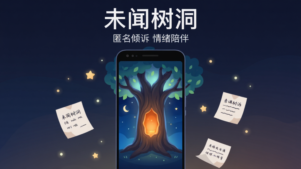 一款名为未闻树洞的手机应用界面展示图,画面中央是一部竖屏安卓手机,屏幕内呈现深蓝色夜空与一棵发光的老树,树洞中透出温暖橙光,手机周围散落着写满文字的小纸条和星星点点的光斑,整体采用扁平插画风格,细节干净,画质清晰,背景为柔和渐变深色,无多余元素,图片上方用白色字体写着“未闻树洞”,下方用较小字号写着“匿名倾诉 情绪陪伴”