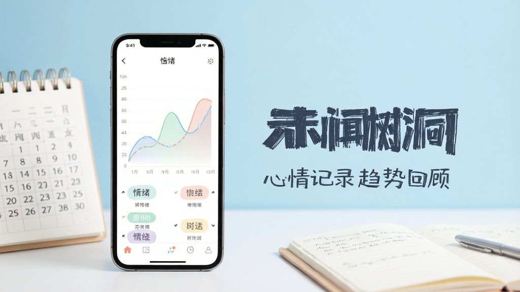 未闻树洞心情记录功能展示图,画面中一部手机屏幕内显示折线图与情绪标签,图表颜色柔和,旁边有日历和笔记本元素,背景为浅蓝色渐变,整体风格简约清新,图片中央用深色字体写着“未闻树洞”,下方小字标注“心情记录 趋势回顾”,画质清晰,无多余装饰