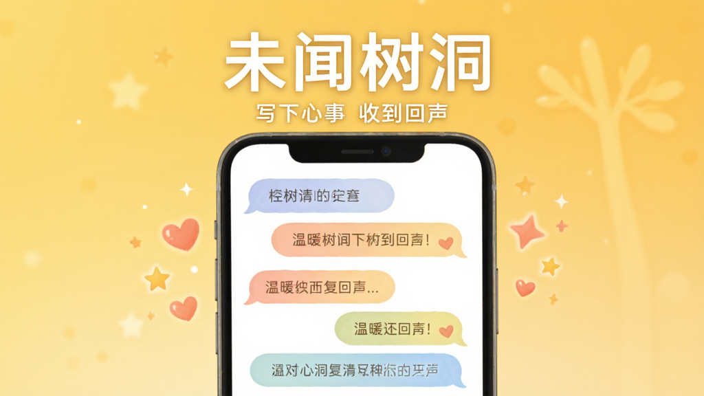 未闻树洞回声互动界面图,画面中一部手机屏幕内展示树洞留言与多条温暖回复气泡,气泡颜色柔和,旁边有爱心和星星装饰,背景为暖黄色渐变,整体风格温馨治愈,图片上方用白色字体写着“未闻树洞”,下方小字写着“写下心事 收到回声”,画质干净清晰