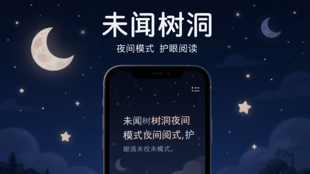 未闻树洞夜间模式界面图,画面中一部手机屏幕显示深色背景与柔和文字,屏幕周围有月亮和星星元素,背景为深蓝色夜空,整体风格安静舒适,图片上方用白色字体写着“未闻树洞”,下方小字标注“夜间模式 护眼阅读”,画质高清,无杂乱元素