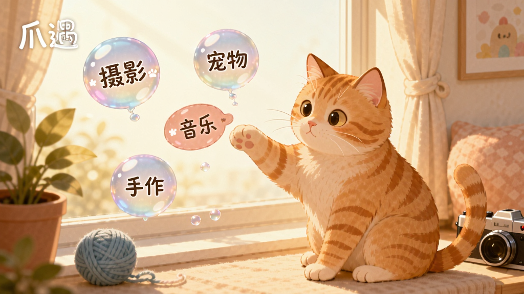 一只橘猫坐在窗台上用爪子拨弄漂浮的兴趣标签气泡,气泡上分别写着“摄影”“宠物”“音乐”“手作”,背景是温暖阳光下的室内场景,画面采用柔和的插画风格,构图居中,细节包括窗台植物、毛线球、相机模型,画质干净清晰,无杂乱元素,图片中文字标注“爪遇”