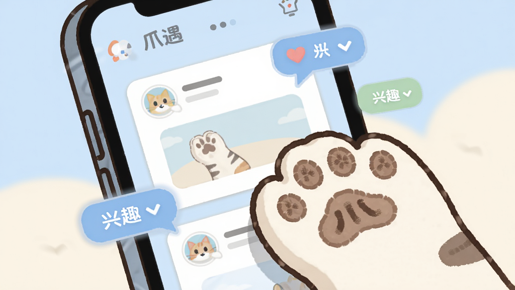 一只卡通风格的猫爪轻轻按在手机屏幕上,屏幕中显示社交动态卡片与兴趣标签气泡,背景为柔和的浅蓝与奶白色调,画面居中构图,风格清新简洁,细节包括爪印纹理、对话气泡、爱心图标,画质清晰干净,无多余元素,图片中文字标注“爪遇”
