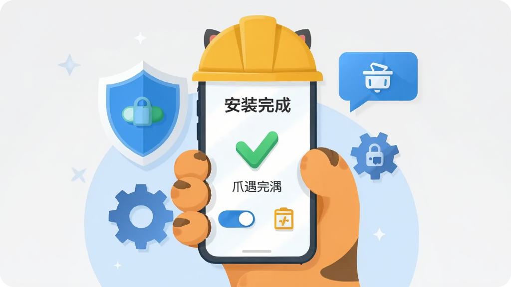 一只戴着安全帽的卡通猫爪拿着手机,手机屏幕上显示“安装完成”和绿色对勾图标,周围环绕着盾牌、齿轮和提示气泡,背景为浅灰色与淡蓝色,风格扁平化科技插画,构图居中,细节包括权限开关、缓存清理图标,画质清晰干净,图片中文字标注“爪遇”