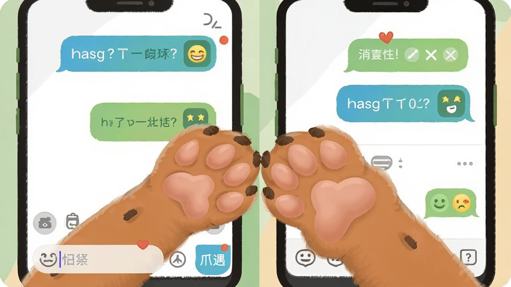 两只卡通动物爪子在手机聊天界面上互相触碰,聊天窗口中显示文字气泡和表情符号,背景为浅绿色与米色拼接,风格扁平化插画,构图对称居中,细节包括消息提示红点、输入框、表情面板,画质干净清晰,图片中文字标注“爪遇”