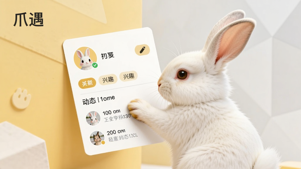 一只白色兔子用爪子整理自己的个人主页卡片,卡片上显示头像、兴趣标签和动态时间线,背景是淡黄色与浅灰色几何图案,风格简约清新,构图居中,细节包括编辑按钮、标签图标、动态缩略图,画质清晰干净,图片中文字标注“爪遇”