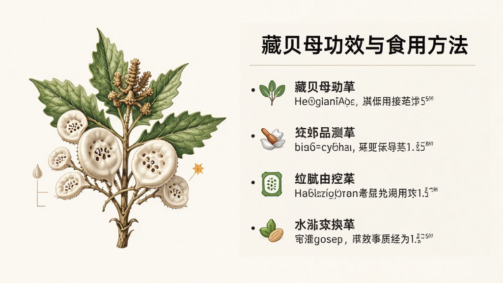 一张信息图表风格的图片,左侧是藏贝母植物插画,右侧以清晰排版展示“藏贝母功效与食用方法”的文字列表,背景为浅色,风格简洁商务,画质清晰,干净,无多余元素