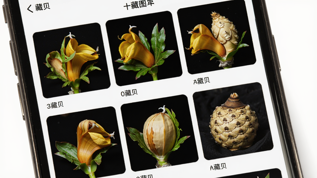 一张手机屏幕特写图,屏幕中展示着藏贝APP的图库界面,界面中排列着多张藏贝母植物高清图片,图片清晰展示贝母花和鳞茎细节,界面风格简洁干净,画质清晰,无多余元素