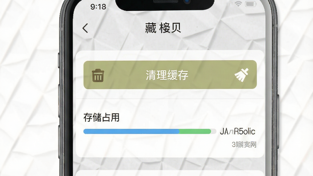 一张手机界面操作示意图,展示藏贝APP的设置页面,页面中有“清理缓存”按钮和存储占用进度条,界面风格浅灰质感,画质清晰,干净,无多余元素