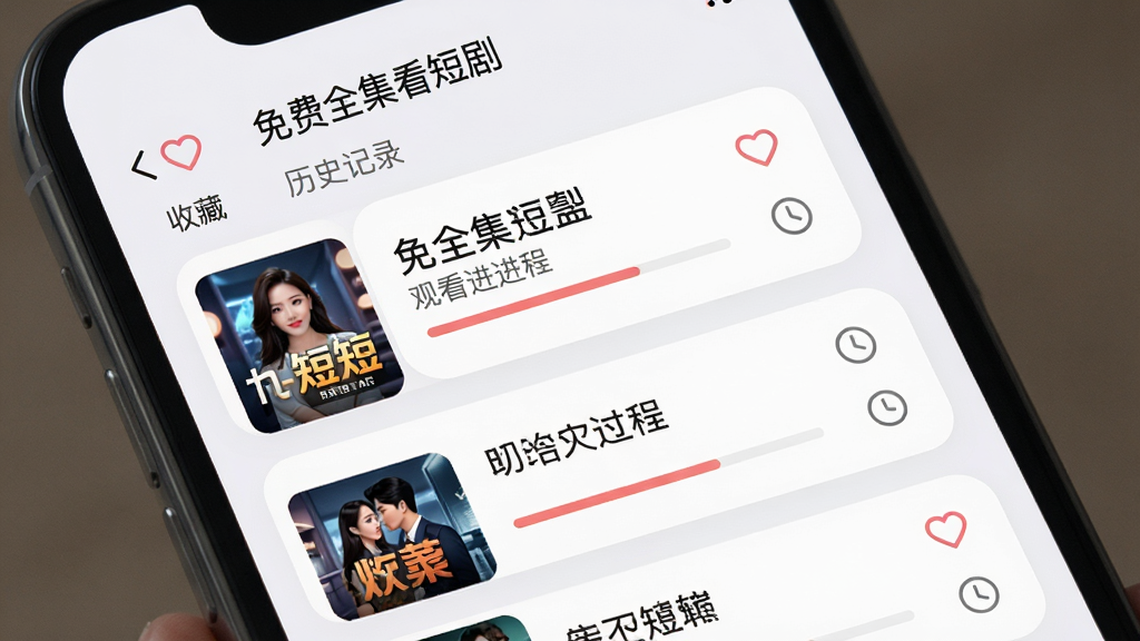 AI生图,画面主体为手机屏幕显示“免费全集看短剧”的收藏与历史记录页面,布局为列表式排版,左侧是短剧封面缩略图,右侧是剧名和观看进度,风格为柔和圆角卡片设计,细节包括收藏心形图标和历史时钟图标,画质高清,干净无多余元素