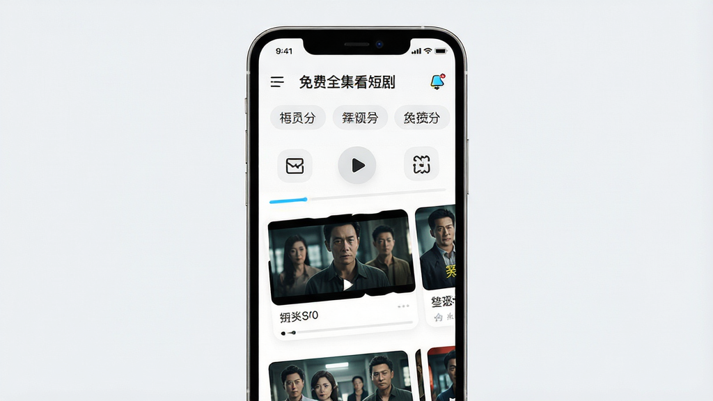 AI生图,画面主体为一部智能手机,屏幕中显示“免费全集看短剧”应用界面,界面中有多个短剧分类标签和剧集缩略图,布局采用上下滑动流式排版,风格为清新简约的科技风,细节包括播放按钮、进度条和分类图标,画质高清,干净无多余元素