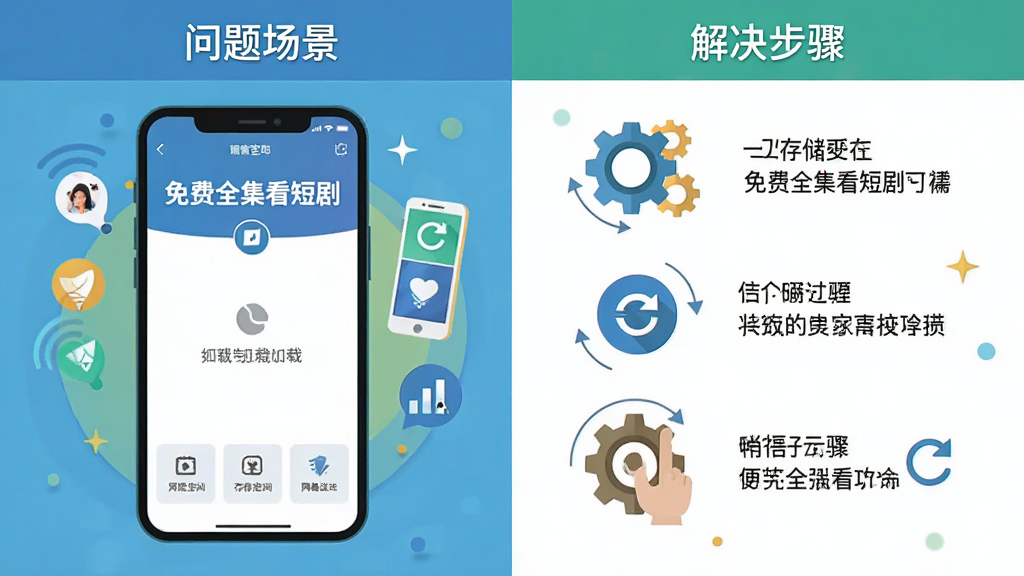 AI生图,画面主体为手机屏幕显示“免费全集看短剧”播放页面出现加载提示,旁边有手机存储空间和网络信号图标,布局为左右分栏,左侧是问题场景,右侧是解决步骤示意图,风格为扁平化插画风,细节包括齿轮图标和刷新箭头,画质高清,干净无多余元素