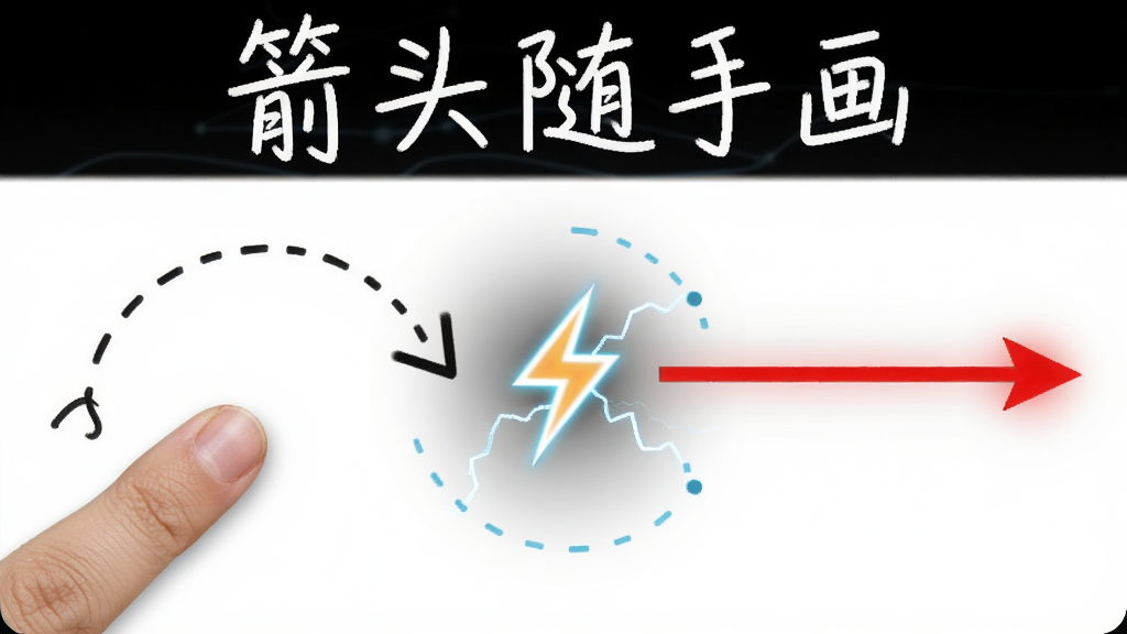 箭头随手画智能矫正功能展示图,画面左侧是手指画出的弯曲虚线,右侧是自动生成的笔直红色箭头,中间用闪电符号连接表示转换过程,背景为纯白色,软件名称