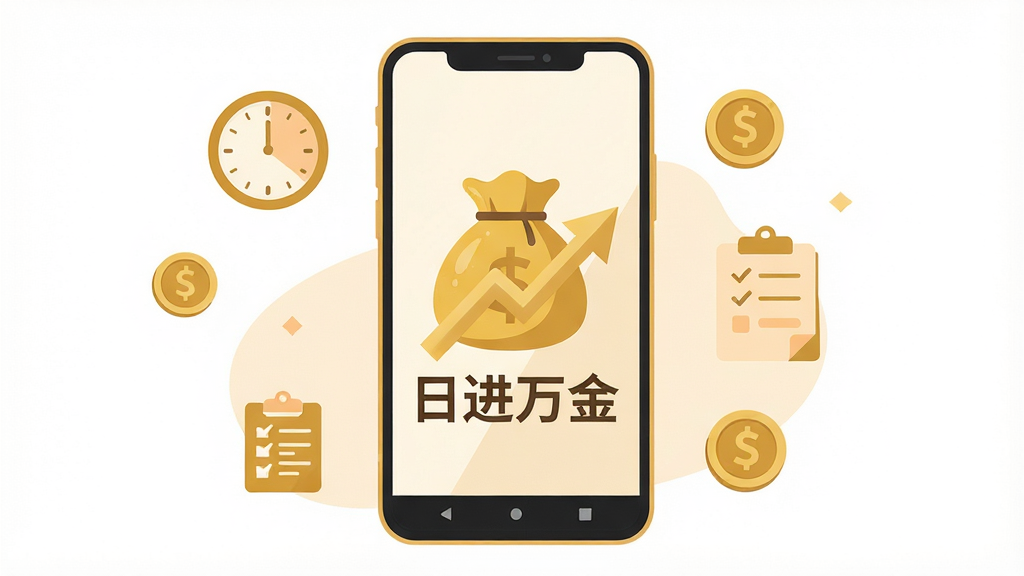画面中央是一部竖屏安卓手机,手机屏幕里显示一个金色钱袋与上升箭头的图标,图标下方有中文标题“日进万金”四个字,手机周围环绕着时钟、硬币、任务清单等小图标。整体采用扁平化插画风格,配色以暖金、米白、浅橙为主,背景干净留白,构图居中对称,画质清晰锐利,无多余杂乱元素。