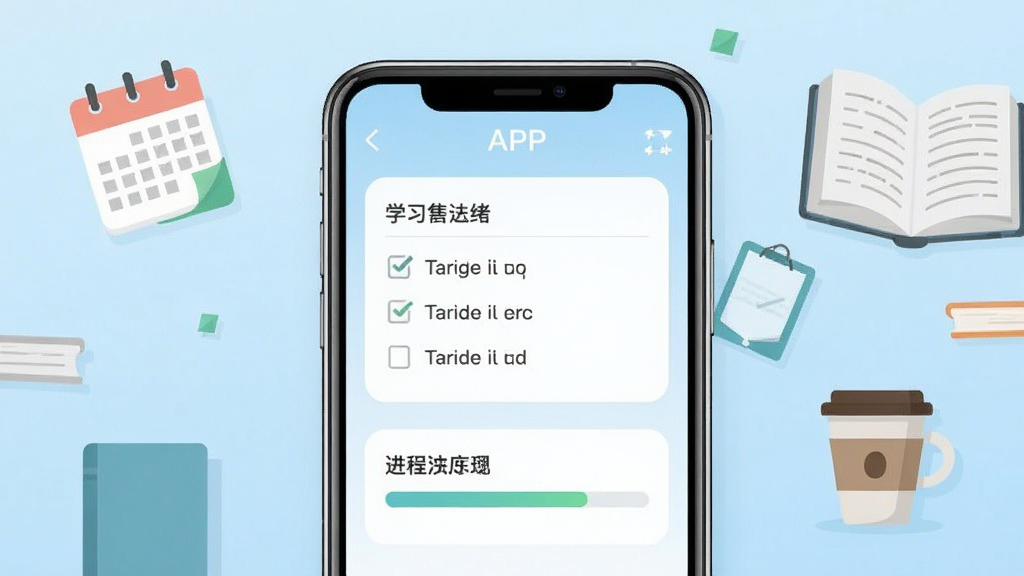 一张简洁清新的手机应用界面展示图,画面中央是一部智能手机,屏幕显示为了以后APP的主界面,包含目标清单和进度条,背景是柔和的浅蓝色渐变,周围点缀着日历、书籍、咖啡杯等象征学习与规划的小元素,整体风格扁平化,画质清晰,干净无多余元素