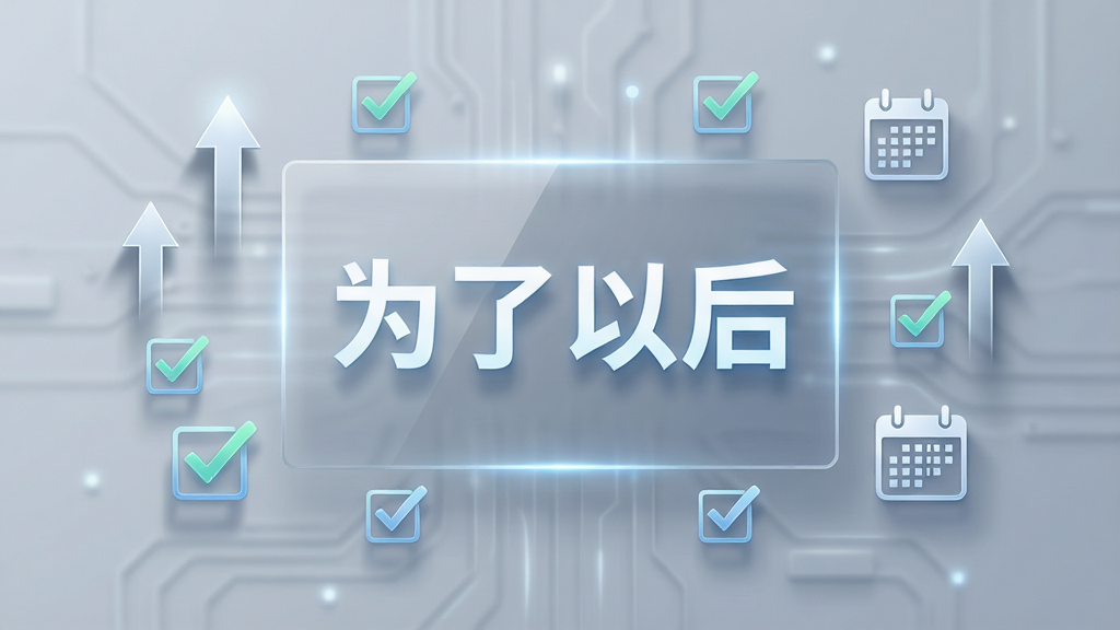 一幅AI生图,画面主体是一块透明的数字看板,上面显示着“为了以后”四个字,看板周围环绕着上升的箭头、打勾的复选框和日历图标,布局采用中心对称排版,风格为简约科技感,细节包括柔和的投影和微光效果,画质高清,干净无多余元素