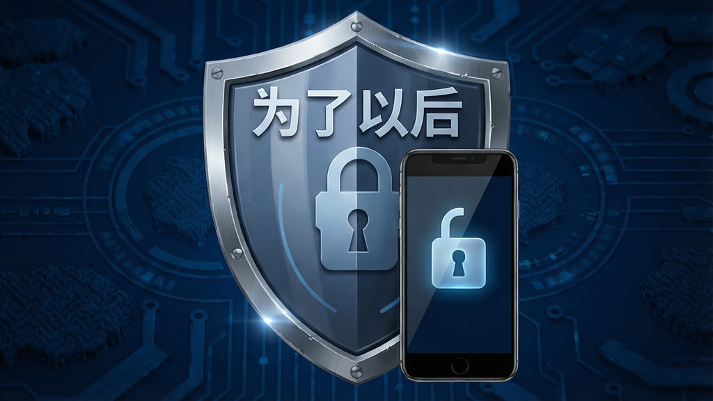 一张盾牌与手机结合的示意图,盾牌上印有“为了以后”字样,手机屏幕显示锁形图标,背景是深蓝色科技纹理,布局为盾牌居中,风格为安全防护主题,细节包括金属质感和光线反射,画质高清,干净无多余元素