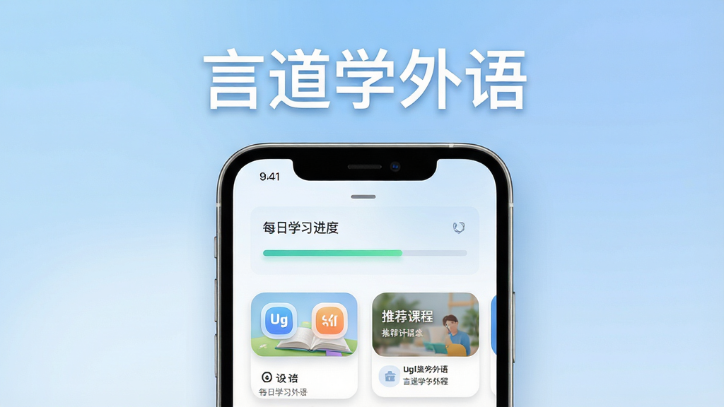 言道学外语软件主界面展示,主体为一部智能手机屏幕,屏幕内呈现言道学外语应用首页布局,包含多语种选择图标、每日学习进度条与推荐课程卡片;背景为柔和渐变浅蓝色调,风格清新简约;画面中央上方用白色无衬线字体排版“言道学外语”软件名称;细节包括圆角图标、细腻阴影与半透明卡片;画质高清,干净无多余元素