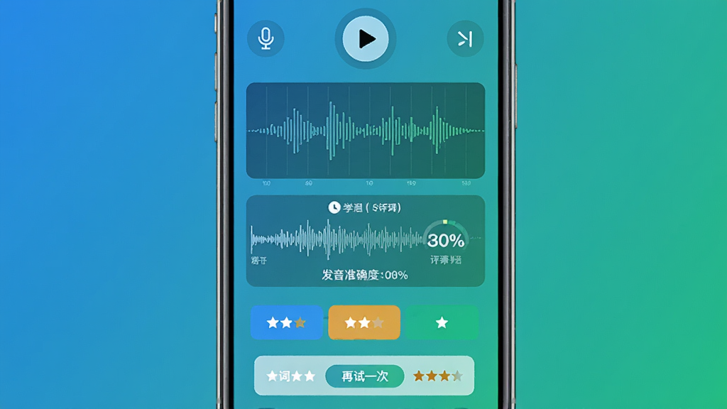 言道学外语口语跟读评测功能界面,主体为手机屏幕内显示波形图与评分面板,屏幕上方为原声播放按钮,中部为录音波形与发音准确度百分比,下方为逐词评分色块;布局清晰,风格科技感与教育感结合,配色蓝绿渐变;细节包括麦克风图标、星级评分与“再试一次”按钮;画质高清,干净整洁