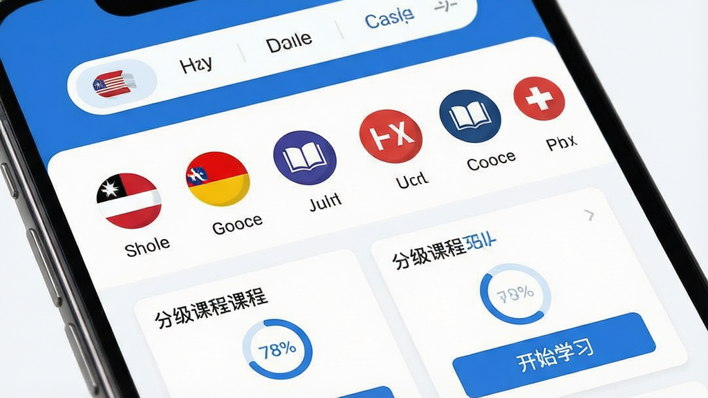 言道学外语多语种课程选择界面,主体为手机屏幕特写,屏幕内展示六种语言图标横向排列,下方为分级课程卡片列表;布局采用上下结构,顶部为语言切换栏,中部为课程推荐区;风格扁平化设计,配色以蓝白为主;细节包括圆形国旗图标、进度百分比环与“开始学习”按钮;画质清晰,画面干净,无多余装饰元素