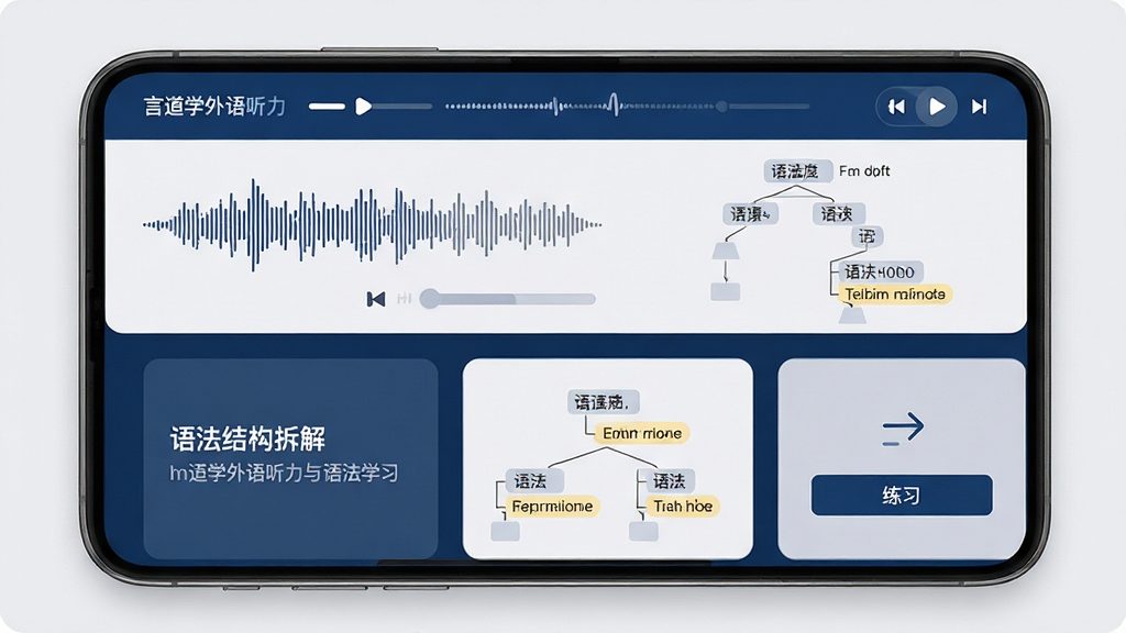 言道学外语听力与语法学习界面,主体为手机屏幕内显示音频波形与语法树状图,屏幕上半部分为听力播放器,下半部分为语法结构拆解卡片;布局上下分区,风格理性严谨,配色以深蓝与浅灰为主;细节包括语速切换按钮、语法高亮标注与练习入口;画质高清,画面干净