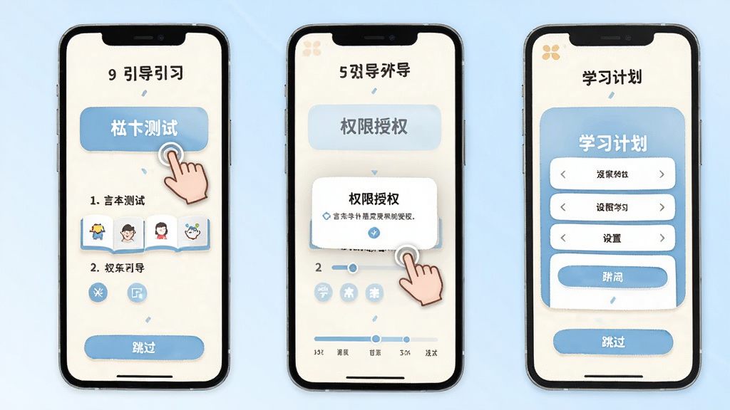 言道学外语新手操作引导界面,主体为手机屏幕内显示分步引导页,包含水平测试入口、权限授权弹窗与学习计划设置面板;布局为纵向滚动式,风格友好亲和,配色以暖白与浅蓝为主;细节包括手指点击图标、进度条与“跳过”按钮;画质高清,干净无多余元素