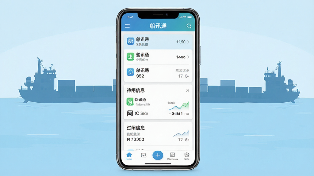 船讯通手机应用界面展示,主体为一部智能手机,屏幕显示船讯通APP的主页界面,包含船闸列表、待闸信息卡片和导航栏,布局清晰居中,背景为淡蓝色水面与货船剪影,风格写实简洁,细节包括图标、文字“船讯通”和过闸数据,画质高清,干净无多余元素