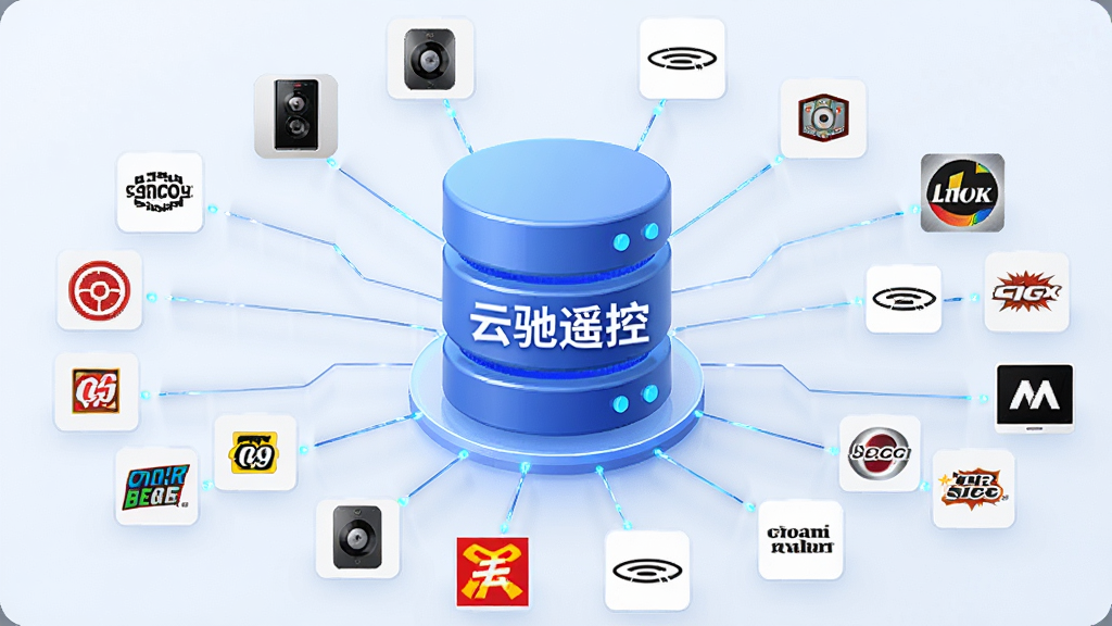 一张展示云驰遥控海量码库的示意图,画面主体是一个巨大的数据库图标,周围连接着各种家电品牌Logo,布局为放射状,风格为简约科技风,细节包括数据库图标上写着“云驰遥控”字样,品牌Logo清晰可辨,画质高清,干净,无多余元素。